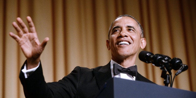 WASHINGTON, DC - MAY 3: (AFP OUT) US President Barack Obama speaks at the annual White House Correspondent's Association Gala at the Washington Hilton hotel May 3, 2014 in Washington, D.C. The dinner is an annual event attended by journalists, politicians and celebrities. (Photo by Olivier Douliery-Pool/Getty Images)