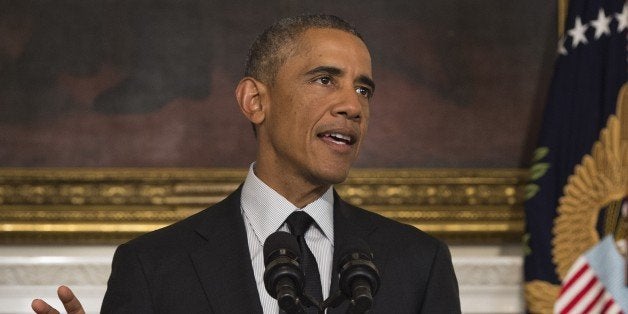 US President Barack Obama delivers a statement from the White House in Washington, DC, September 18, 2014. Barack Obama thanked Congress for its 'speed and seriousness' in endorsing his plan to train moderate rebels in Syria to battle the Islamic State group. AFP PHOTO / Jim WATSON (Photo credit should read JIM WATSON/AFP/Getty Images)