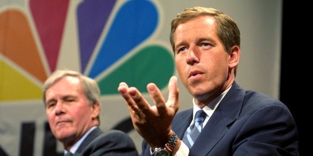 ** ADVANCE FOR MONDAY, MAY 10--FILE ** Tom Brokaw, left, anchorman of NBC's "Nightly News" listens as NBC's Brian Williams makes a point during a news conference in this May 28, 2002 file photo in New York. Williams will succeed Tom Brokaw as anchorman of NBC's "Nightly News," as NBC becomes the first of the three networks to announce a succession plan for their chief anchors. (AP Photo/Diane Bondareff, File)