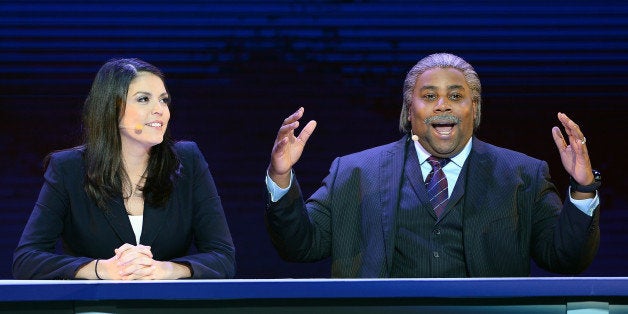 LAS VEGAS, NV - JANUARY 07: 'Saturday Night Live' cast members Cecily Strong (L) and Kenan Thompson as the Rev. Al Sharpton