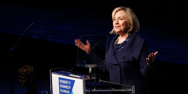 Former Secretary of State Hillary Rodham Clinton speaks after accepting the Robert F. Kennedy Ripple of Hope Award during a ceremony, Tuesday, Dec. 16, 2014 in New York. (AP Photo/Jason DeCrow)