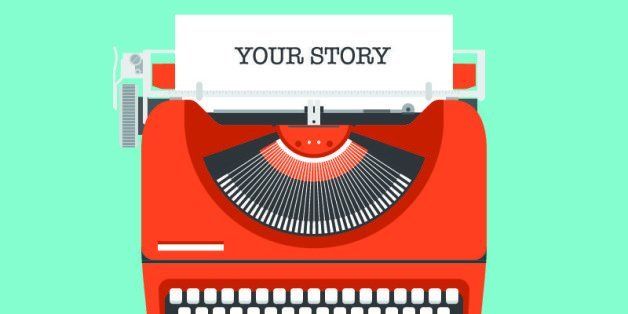 Flat design style modern vector illustration concept of a manual vintage stylish typewriter with share your story text on a paper list. Isolated on stylish color background