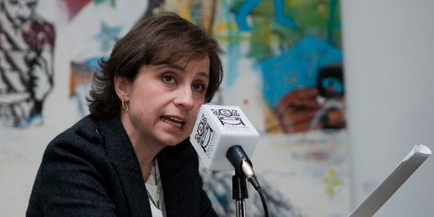 MEXICO CITY, MEXICO - FEBRUARY 08: Journalist Carmen Aristegui speaks about her departure from MVS Radio at Casa Lamm on Fe