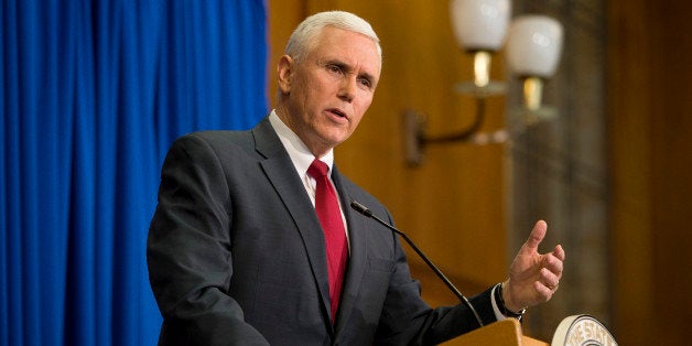 INDIANAPOLIS, IN - MARCH 31: Indiana Gov. Mike Pence speaks during a press conference March 31, 2015 at the Indiana State Lib