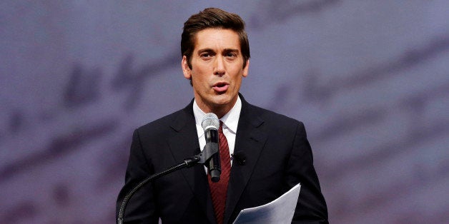 ABC News anchor David Muir speaks before retired boxing champion Muhammad Ali received the Liberty Medal during a ceremony at the National Constitution Center, Thursday, Sept. 13, 2012, in Philadelphia. The honor is given annually to an individual who displays courage and conviction while striving to secure liberty for people worldwide. (AP Photo/Matt Rourke)