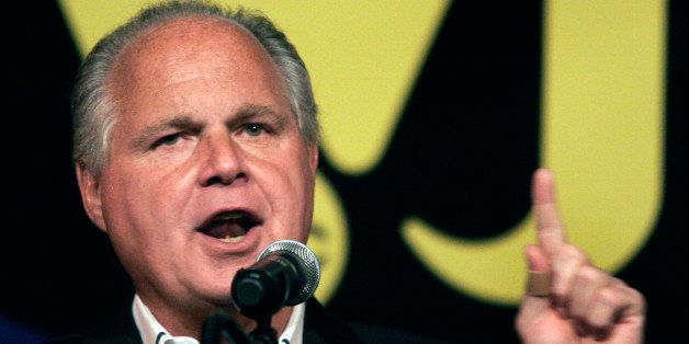 NOVI, MI - MAY 3: Radio talk show host and conservative commentator Rush Limbaugh speaks at 'An Evenining With Rush Limbaugh' event May 3, 2007 in Novi, Michigan. The event was sponsored by WJR radio station as part of their 85th birthday celebration festivities. (Photo by Bill Pugliano/Getty Images)