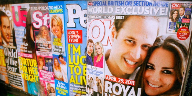 OK!, right, featuring the wedding of Prince William and Kate Middleton, and other celebrity magazines are displayed at a New