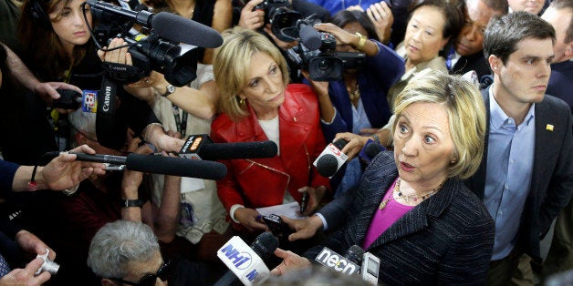 Democratic presidential candidate Hillary Rodham Clinton speaks to reporters after a round table discussion at Smuttynose Brewery, Friday, May 22, 2015, in Hampton, N.H. (AP Photo/Jim Cole)