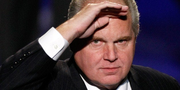 LAS VEGAS - JANUARY 27: Radio talk show host and conservative commentator Rush Limbaugh salutes as he is introduced as a judge before a preliminary competition for the 2010 Miss America Pageant at the Planet Hollywood Resort & Casino January 27, 2010 in Las Vegas, Nevada. The pageant will be held at the resort on January 30, 2010. (Photo by Ethan Miller/Getty Images)