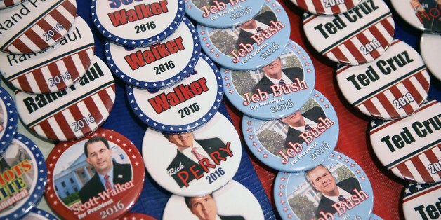 WAUKEE, IA - APRIL 25: A vendor sell campaign buttons at the Point of Grace Church before the start of the Iowa Faith and Freedom Coalition 2015 Spring Kickoff on April 25, 2015 in Waukee, Iowa. The Iowa Faith & Freedom Coalition, a conservative Christian organization, hosted 9 potential contenders for the 2016 Republican presidential nominations at the event. (Photo by Scott Olson/Getty Images)