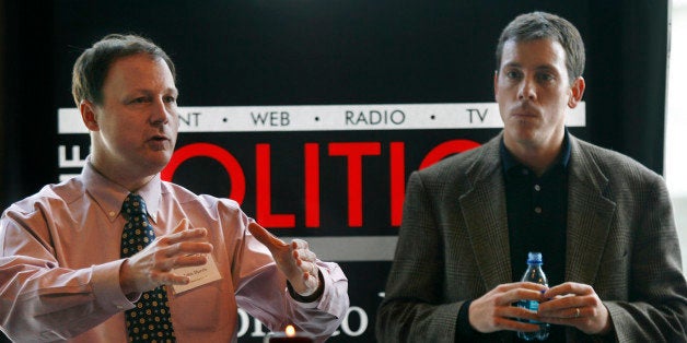 John Harris, left, editor in chief of The Politico, and Jim VandeHei, executive editor of The Politico, speak to advertisers in Arlington, Va., Friday, Jan. 19, 2007. The Politico is a new political newspaper in Washington and also has an online edition at politico.com. (AP Photo/Jacquelyn Martin)