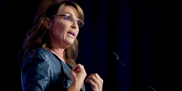 Former Alaska Gov. Sarah Palin speaks at the 2014 Values Voter Summit in Washington, Friday, Sept. 26, 2014. Prospective Republican presidential candidates are promoting religious liberty at home and abroad at a gathering of evangelical conservatives, rebuking an unpopular President Barack Obama while skirting divisive social issues that have tripped up the GOP. (AP Photo/Manuel Balce Ceneta)