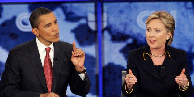 Democratic presidential hopefuls, Sen. Barack Obama, D-Ill., left, and Sen. Hillary Rodham Clinton, D-N.Y., respond to a question during a Democratic presidential debate in Austin, Texas, Thursday, Feb. 21, 2008. (AP Photo/LM Otero)