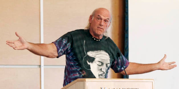 Former Minnesota Gov. Jessie Ventura, wearing a shirt featuring guitarist Jimi Hendrix, speaks at Macalester College Friday,