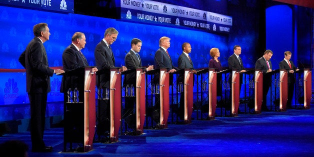 Republican presidential candidates, from left, John Kasich, Mike Huckabee, Jeb Bush, Marco Rubio, Donald Trump, Ben Carson, C