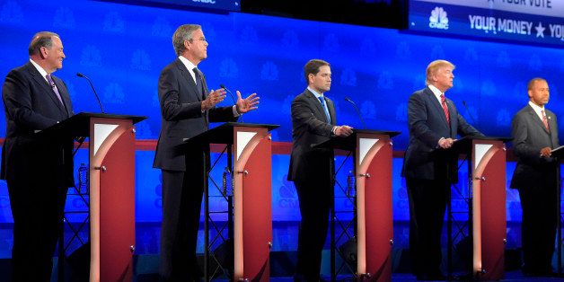 Jeb Bush, second from left, is flanked by Mike Huckabee, left, Marco Rubio, center, Donald Trump, second from right, and Ben Carson during the CNBC Republican presidential debate at the University of Colorado, Wednesday, Oct. 28, 2015, in Boulder, Colo. (AP Photo/Mark J. Terrill)