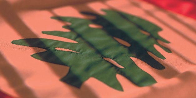 close-up of the flag of Lebanon (toned)
