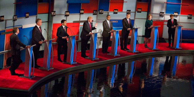 2016 Republican presidential candidates, from left, John Kasich, governor of Ohio, Jeb Bush, former Governor of Florida, Senator Marco Rubio, a Republican from Florida, Donald Trump, president and chief executive of Trump Organization Inc., Ben Carson, a retired neurosurgeon, Senator Ted Cruz, a Republican from Texas, Carly Fiorina, former chairman and chief executive officer of Hewlett-Packard Co., and Senator Rand Paul, a Republican from Kentucky, participate in a presidential candidate debate in Milwaukee, Wisconsin, U.S., on Tuesday, Nov. 10, 2015. The fourth Republican debate, hosted by Fox Business Network and the Wall Street Journal, focuses on the economy with eight presidential candidates included in the main event and four in the undercard version. Photographer: Daniel Acker/Bloomberg via Getty Images 