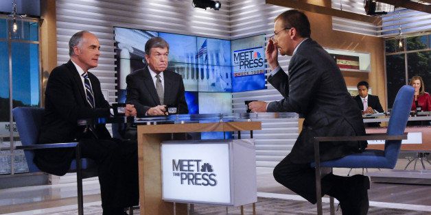 MEET THE PRESS -- Pictured: (l-r) Sen. Bob Casey (D-PA,) Sen. Roy Blunt (R-MO) and moderator Chuck Todd appear on 'Meet the Press' in Washington, D.C., Sunday, Oct. 19, 2014. (Photo by: William B. Plowman/NBC/NBC NewsWire via Getty Images)