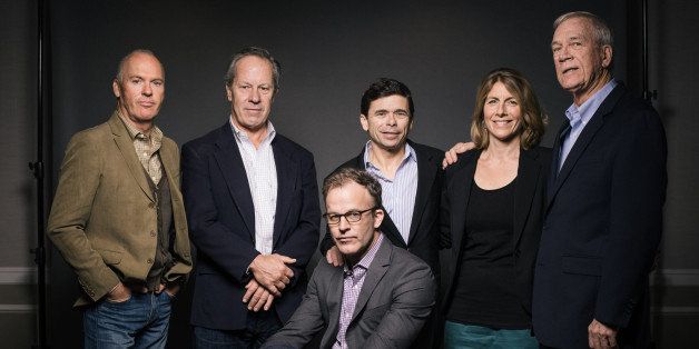 (From left to right) Michael Keaton, Walter Robinson, Michael Rezendes, Sacha Pfeiffer, Ben Bradlee Jr., and Thomas McCarthy poses for a portrait during press day for "Spotlight" at The Four Seasons on Wednesday, November 4, 2015, in Los Angeles. (Photo by Casey Curry/Invision/AP)