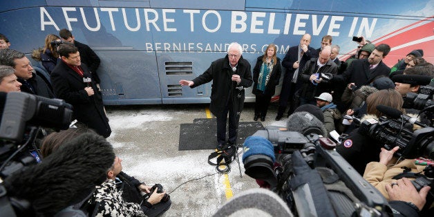 Democratic presidential candidate, Sen. Bernie Sanders, I-Vt., speaks during a news conference after a stop at the United Ste
