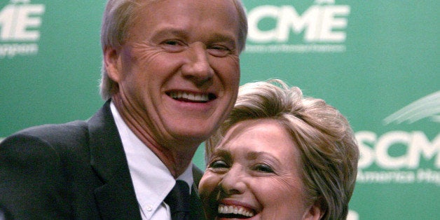 UNITED STATES - JUNE 19: Panel moderator Chris Matthews of MSNBC, left, hugs Senator Hillary Rodham Clinton after she spoke at a candidates forum at the Leadership Conference of The American Federation of State, County, and Municipal Employees, (AFSCME), in Washington, D.C., June 19, 2007. (Photo by Dennis Brack/Bloomberg via Getty Images)