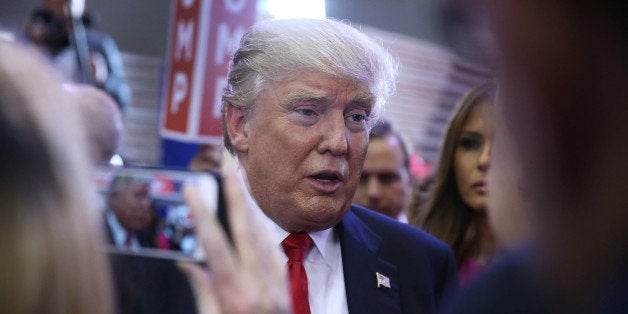 CORAL GABLES, FL - MARCH 10: Republican presidential candidate Donald Trump speaks to the media in the spin room after the CNN, Salem Media Group, The Washington Times Republican Presidential Primary Debate on the campus of the University of Miami on March 10, 2016 in Coral Gables, Florida. The candidates continue to campaign before the March 15th Florida primary. (Photo by Joe Raedle/Getty Images)