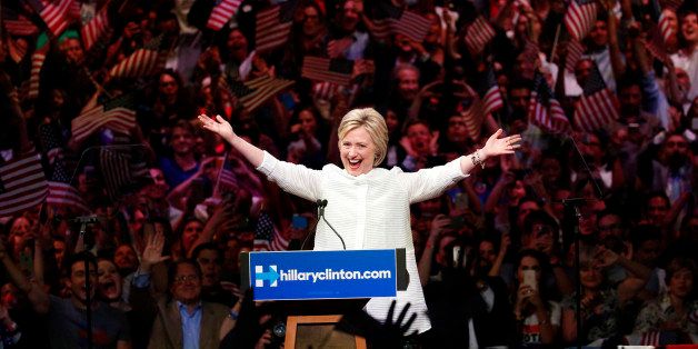 Democratic presidential candidate Hillary Clinton speaks during a presidential primary election night rally, Tuesday, June 7, 2016, in New York. (AP Photo/Julio Cortez)