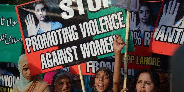 LAHORE, PUNJAB, PAKISTAN - 2016/06/03: Women activists of Pakistan Peoples Party (PPP) hold placards and chant slogans for violence against women outside the Governor House in Lahore. (Photo by Rana Sajid Hussain/Pacific Press/LightRocket via Getty Images)