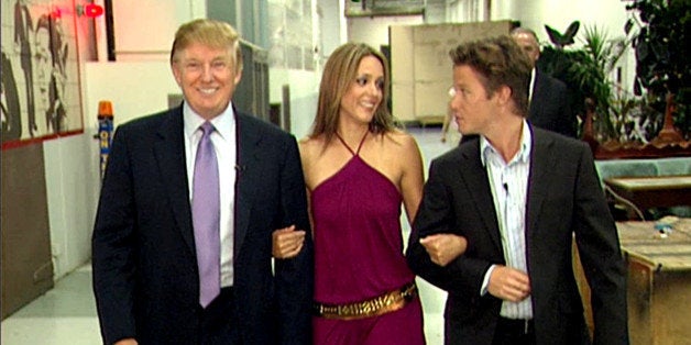 VIDEO FRAME GRAB: In this 2005 frame from video, Donald Trump prepares for an appearance on 'Days of Our Lives' with actress Arianne Zucker (center). He is accompanied to the set by Access Hollywood host Billy Bush. (Obtained by The Washington Post via Getty Images)