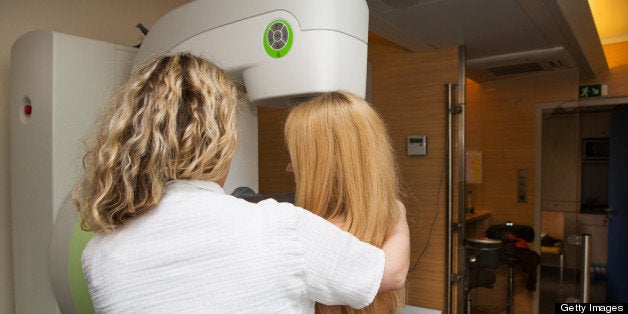 Nurse with young women having a mammography