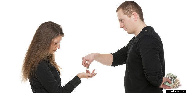Man is giving money to the woman