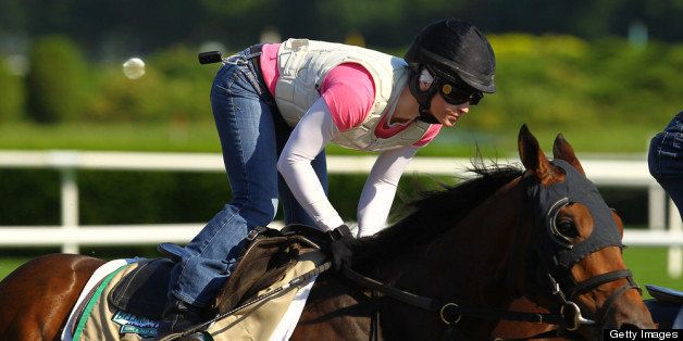 ELMONT, NY - JUNE 01: Five Sixteen is ridden by Jockey Rosie Napravnik during a morning workout at Belmont Park on June 1, 2012 in Elmont, New York. (Photo by Al Bello/Getty Images)