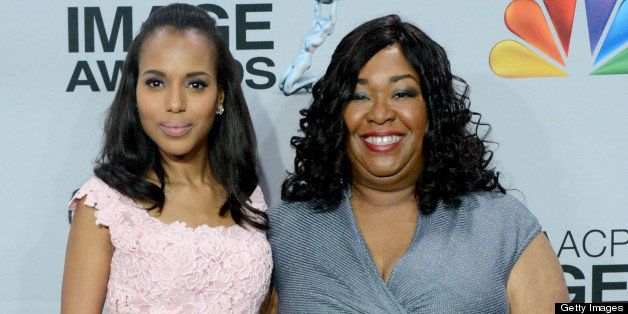 LOS ANGELES, CA - FEBRUARY 01: Actress Kerry Washington (L) and producer Shonda Rhimes pose in the press room during the 44th NAACP Image Awards at The Shrine Auditorium on February 1, 2013 in Los Angeles, California. (Photo by Jason Kempin/WireImage)
