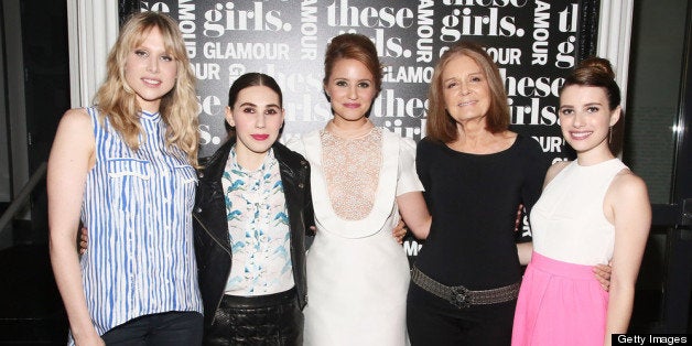 NEW YORK, NY - MAY 20: (L-R) Actress Lucy Punch, actress Zosia Mamet, actress Dianna Agron, journalist Gloria Steinem, and actress Emma Roberts attend Glamour's presentation of 'These Girls' at Joe's Pub on May 20, 2013 in New York City. (Photo by Astrid Stawiarz/Getty Images for Glamour)