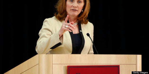 PISCATAWAY, NJ - MAY 15: Julie Hermann talks to the media after being introduced as Rutgers University athletic director on May 15, 2013 in Piscataway, New Jersey. Hermann, 49, most recently served as University of Louisville's senior associate athletic director. She replaces Tim Pernetti who resigned on April 5 in the wake of footage came to light of then-head basketball coach Mike Rice physically and verbally abusing his players during multiple practices. (Photo by Rich Schultz /Getty Images)