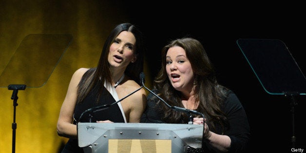 LAS VEGAS, NV - APRIL 18: Actresses Sandra Bullock (L) and Melissa McCarthy speak during a Twentieth Century Fox presentatio