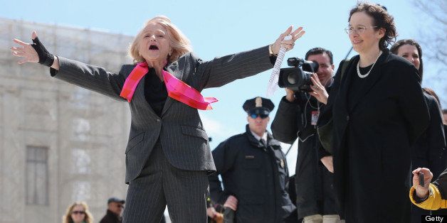 WASHINGTON, DC - MARCH 27: Edith Windsor, 83, acknowledges her supporters as she leaves the Supreme Court March 27, 2013 in Washington, DC. The Supreme Court heard oral arguments in the case 'Edith Schlain Windsor, in Her Capacity as Executor of the Estate of Thea Clara Spyer, Petitioner v. United States,' which challenges the constitutionality of the Defense of Marriage Act (DOMA), the second case about same-sex marriage this week. (Photo by Chip Somodevilla/Getty Images)