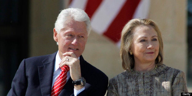 Former president Bill Clinton and Hillary Clinton attend dedication ceremonies for the new George W. Bush Presidential Center in Dallas, Texas, Thursday, April 25, 2013. (Paul Moseley/Fort Worth Star-Telegram/MCT via Getty Images)