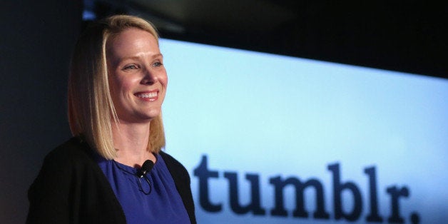 NEW YORK, NY - MAY 20: Yahoo! CEO Marissa Mayer speaks about the company's acquisition of Tumblr at a press conference in Times Square on May 20, 2013 in New York City. The internet giant Yahoo! purchased the blogging site Tumblr for $1.1 billion. Mayer also announced a sleek new redesign of Yahoo!'s Flickr photo service. (Photo by Mario Tama/Getty Images)