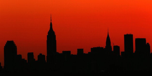NEW YORK, NY - SEPTEMBER 04: The sun sets over the New York city skyline during a women's singles quarter final match between