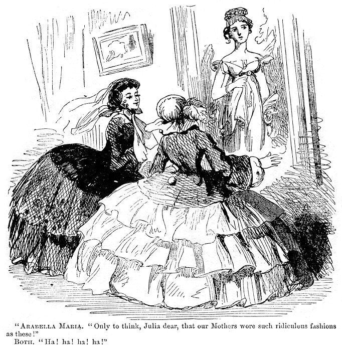 1800's and the en:1850s in fashion | Victorian fashions of the time : Two girls or young women of 1857 (wearing full crinoli