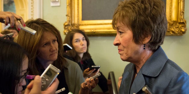 US Senator Susan Collins , R-Maine, talks with reporters after a weekly policy luncheon on Capitol Hill in Washington, DC, October 15, 2013. House Speaker John Boehner said Tuesday he had 'no decisions about what exactly he will do' after a Republican plan to end the US debt-ceiling showdown was rejected by the White House. AFP PHOTO / Jim WATSON (Photo credit should read JIM WATSON/AFP/Getty Images)