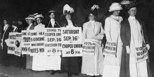Society women wearing sandwich boards to publicise a talk at Cooper Union by the governors of the states which have granted the vote to women. (Photo by Paul Thompson/Getty Images)