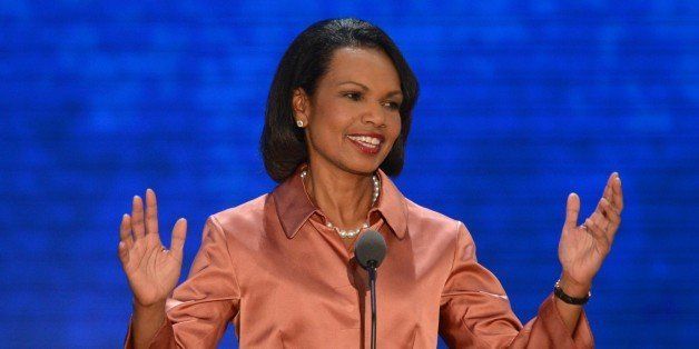 Former US Secretary of State Condoleezza Rice speaks to the crowd at the Tampa Bay Times Forum in Tampa, Florida, on August 29, 2012 during the Republican National Convention (RNC). The RNC will culminate on August 30th with the formal nomination of Mitt Romney and Paul Ryan as the GOP presidential and vice-presidential candidates in the US presidential election. AFP PHOTO Stan HONDA (Photo credit should read STAN HONDA/AFP/GettyImages)