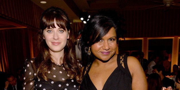 WEST HOLLYWOOD, CA - JANUARY 22: Actresses Zooey Deschanel (L) and Mindy Kaling attend ELLE's Annual Women in Television Celebration on January 22, 2014 in West Hollywood, California. (Photo by Michael Buckner/Getty Images for Elle)