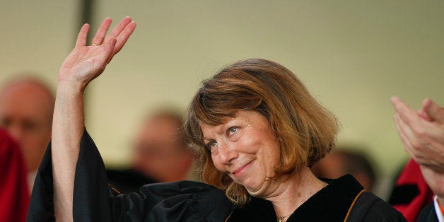 WINSTON SALEM, NC: Jill Abramson, former executive editor at the New York Times waves after speaking during commencement ceremonies for Wake Forest University on May 19, 2014 in Winston Salem, North Carolina. Abramson delivered the commencement address at the university, her first public remarks since she was abruptly fired from her position last Wednesday. (Photo by Chris Keane/Getty Images)