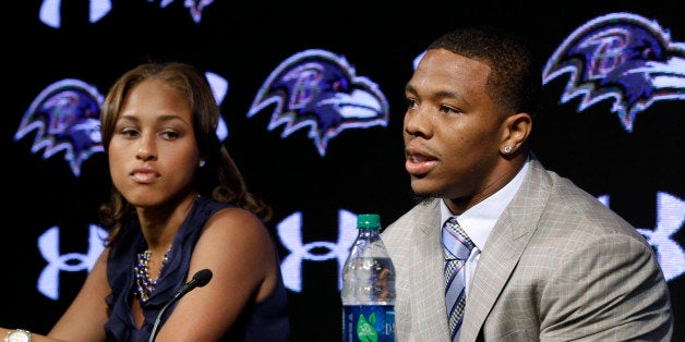 FILE - In this May 23, 2014, file photo, Baltimore Ravens running back Ray Rice, right, speaks alongside his wife, Janay, during a news conference, Friday, May 23, in Owings Mills, Md. Riceâs two-game suspension for domestic violence begins Saturday, a punishment handed down after grainy video showed him dragging his then-fiancee off a casino elevator unconscious Feb. 15. He has not divulged what happened in the elevator except to call his actions "totally inexcusable'' at a news conference after his suspension was announced. His assault charges could be expunged once he completes a diversion program. So the NFL gave him the only punishment he likely faces in a suspension and a fine that totals more than $500,000. (AP Photo/Patrick Semansky, File)