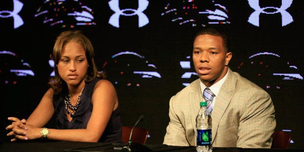 OWINGS MILLS, MD - MAY 23: Running back Ray Rice of the Baltimore Ravens addresses a news conference with his wife Janay at the Ravens training center on May 23, 2014 in Owings Mills, Maryland. Rice spoke publicly for the first time since facing felony assault charges stemming from a February incident involving Janay at an Atlantic City casino. (Photo by Rob Carr/Getty Images)