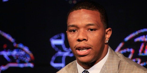 OWINGS MILLS, MD - MAY 23: Running back Ray Rice of the Baltimore Ravens addresses a news conference with his wife Janay (not pictured) at the Ravens training center on May 23, 2014 in Owings Mills, Maryland. Rice spoke publicly for the first time since facing felony assault charges stemming from a February incident involving Janay at an Atlantic City casino. (Photo by Rob Carr/Getty Images)